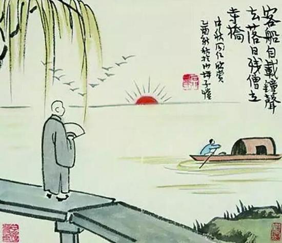 ▲丰子恺《客船自载钟声去,落日残僧立寺桥》,漫画作品