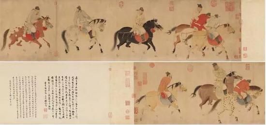 《五王醉归图卷》是清宫旧藏。画中描绘的是唐朝临淄王李隆基、宋王李宪、申王李撝、岐王李范、薛王李业,在花萼楼宴罢醉归的情景。此画从清宫流出后,几经辗转流入琉璃厂古董经销商郝葆初之手,之后售卖给全球顶级古董商卢芹斋及其女婿杜博思,被带往美国。在美国该画又转手德裔收藏家侯士泰,直至 2007 年侯士泰去世,侯氏家族将此卷拍卖。2009 年,《五王醉归图卷》曾在香港佳士得以4658 万港元的高价成交。
