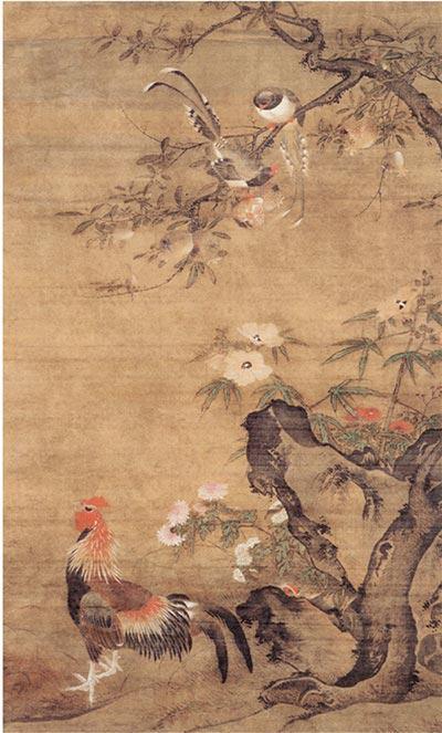 明 吕纪 榴葵绶鸡图 200.8×105cm 绢本