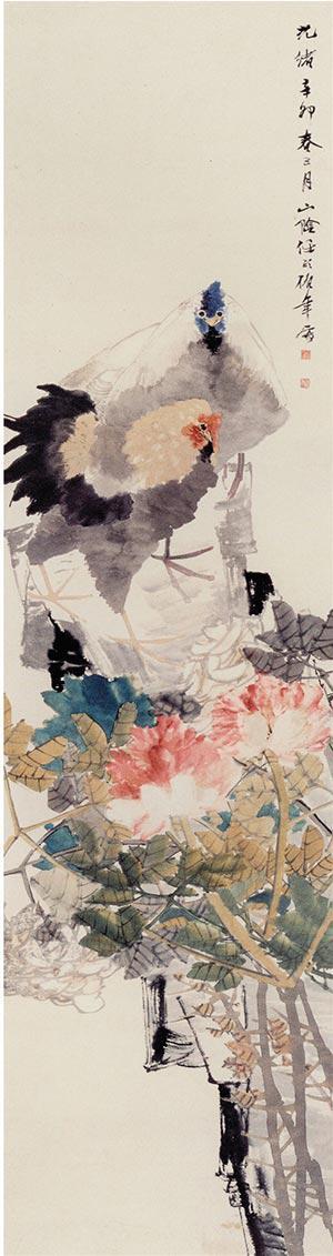 清 任伯年 牡丹双鸡图 148.5×39.8cm 1891年纸本