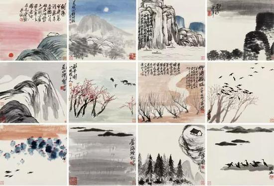 齐白石《咫尺天涯—辛未山水册》设色纸本,31.5×35cm×12,1931 年作,成交价 195,500,000 人民币,北京保利 2016.12.4