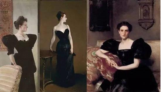 《Marie Breunig夫人像》, 克林姆特,1894年;《X夫人像》, 萨金特,1884年;《Elizabeth Winthrop Chanler夫人像》, 萨金特,1893年(从左到右)。图片来源于网络