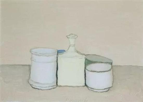 ▲莫兰迪《静物》,布面油画,1953年