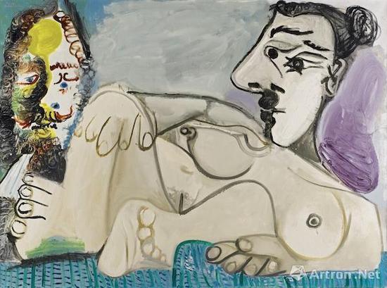 《躺卧裸女与男子头像》 布面油画 97X130CM 1967年3月20日作 估价:6,500,000-9,500,000英镑), 成交价:7,921,250英镑(12,438,739美元,合人民币:7700万)