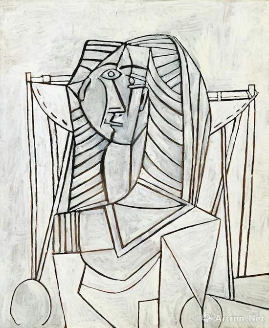 《白色背景扶手椅上的女子坐像》布面油画 100.5X81CM 1953年3月25日作 估价:6,500,000-9,500,000英镑, 成交价:12,083,750英镑(18,975,113美元,合人民币:1.17亿元)