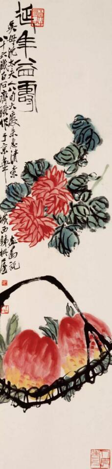 《延年益寿》 137cm×33.4cm 1946 年 题跋/延年益寿 吴母沈太夫人八旬大庆,朱惠清索画为祝。 八十六岁白石齐璜作于京华城西铁栅屋。 印章/人长寿 白石 借山翁 吾草木众人也