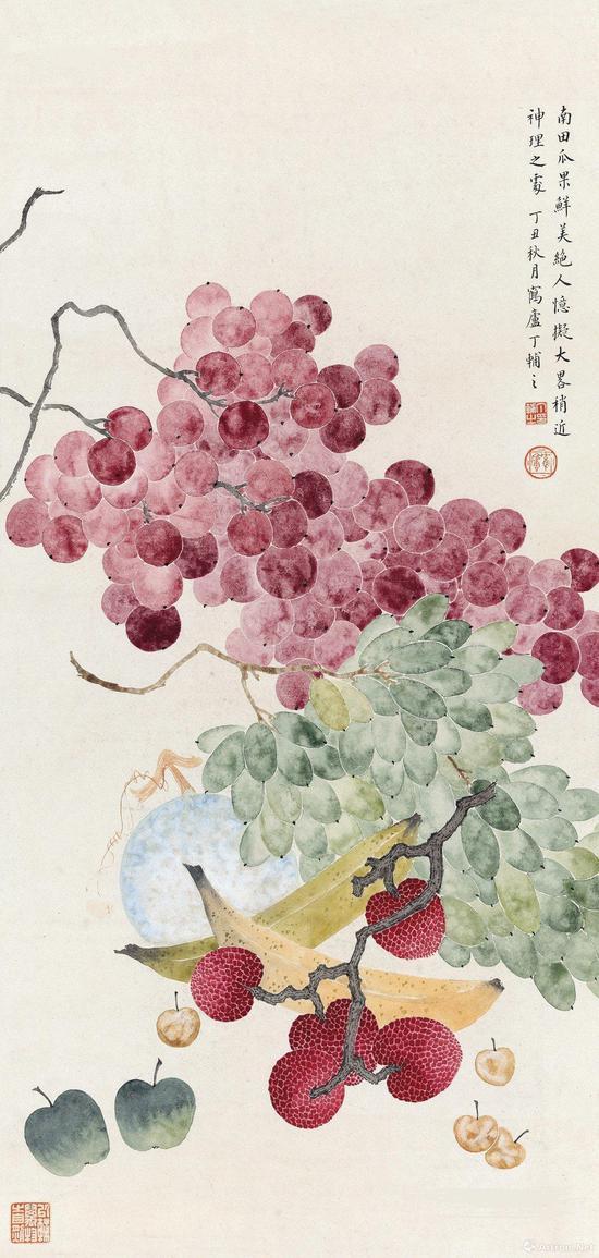 附图12。丁辅之丁丑(1937年)作 鲜果图 立轴 65×31厘米(2013年嘉德43.7万元成交)