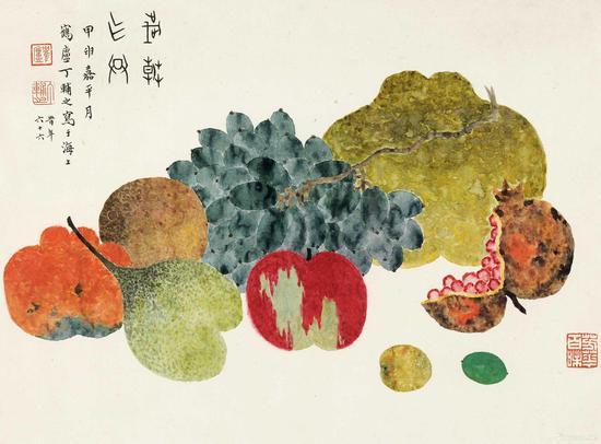 附图5。丁辅之 1944年作 岁朝作供 镜心尺幅25×33厘米(2014年匡时国际34.5万元成交,尤伦斯夫妇旧藏)