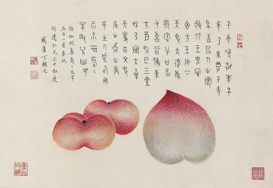 附图9。丁辅之 三桃 立轴,尺幅27×39厘米(2013年嘉德57.8万元成交,为徐邦达三十岁生日而作)