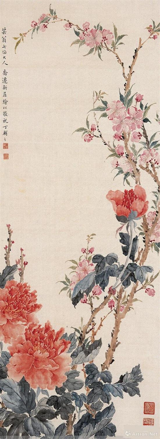 附图10。丁辅之《花卉》立轴