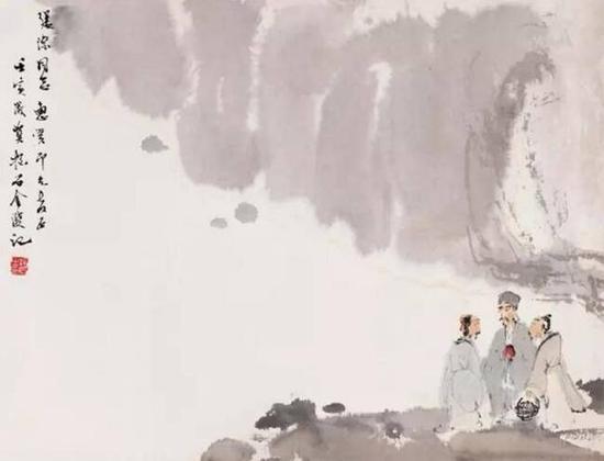 傅抱石 1962年作 虎溪三笑 设色纸本