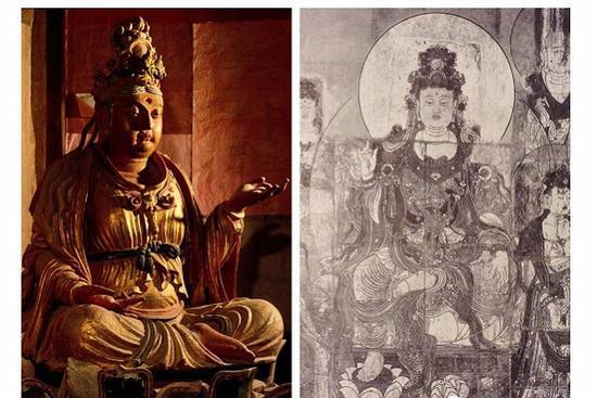 图十一 菩萨坐像 A。 广胜上寺大雄宝殿文殊菩萨,B。 兴化寺《弥勒佛说法图》局部 皇家安大略博物馆藏