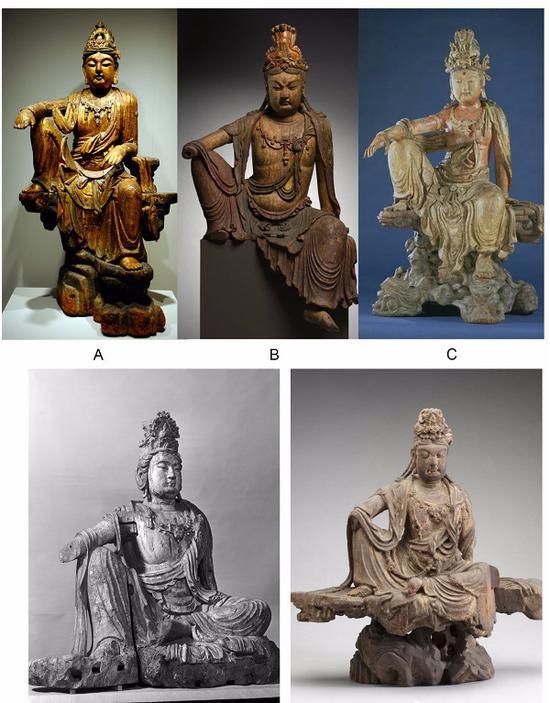图十 菩萨坐像,A。 耶鲁大学博物馆藏 、B。 克利夫兰博物馆藏 、C。 维多利亚阿尔伯特博物馆藏、D。 哈佛大学博物馆藏 E。 费城博物馆藏