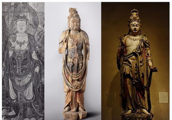 图十三 菩萨立像,A。 兴化寺《弥勒佛说法图》局部(皇家安大略博物馆藏),B。 费城博物馆藏,C。 纳尔逊博物馆藏