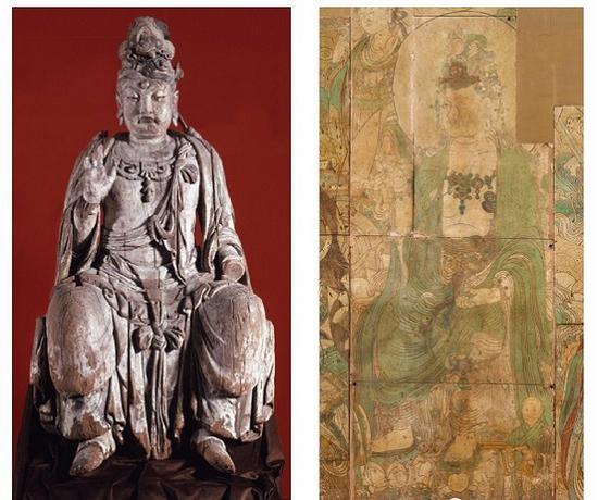 图十二 菩萨坐像,A。 牛津大学博物馆藏、B。 《炽盛光佛说法图》局部(宾大博物馆藏)