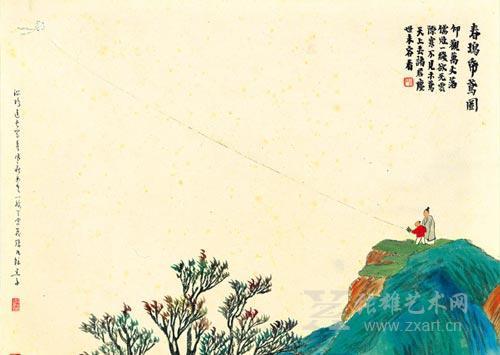 齐白石-山水春瑦纸鸢图