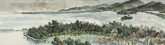 刘墉,西子全景,纸本水墨设色,53.5×234cm,2010