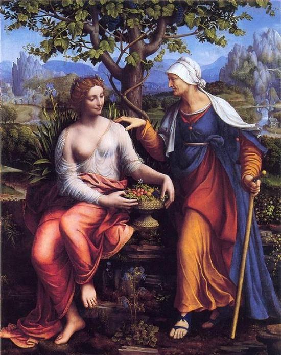图3a。、弗兰切斯科-梅尔茨,《维尔图努斯与波摩纳》(Vertumnus and Pomona),木板油画,作于1518-1522年间,高186厘米,宽135.5厘米,现陈列于德国柏林国立画廊,图片来自维基百科。
