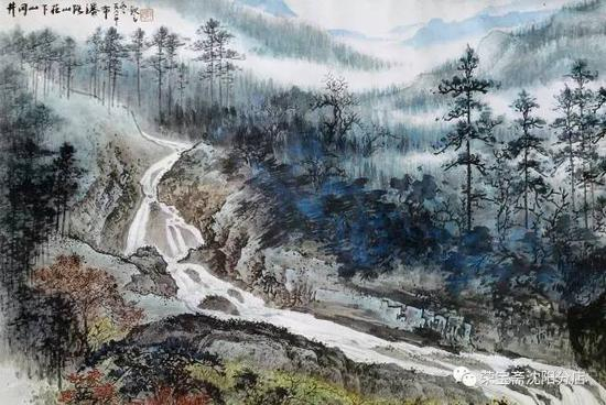 《井冈山下村庄路瀑布》(淡彩 矾纸)