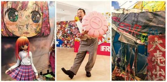 ▲艺术家村上隆(中)与今年在巴塞尔香港艺术展上的Kaikai Kiki Co。,Ltd展位