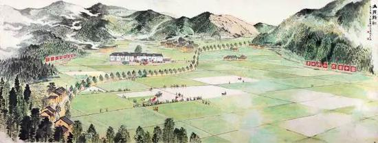 陆俨少(1909-1993) 毛泽东诗意井冈山《大井新貌》 设色纸本 镜片 1977年作 142×366cm 题识:大井新貌。一九七七年八月,郁文华、徐志文、陆俨少合作。钤印:陆俨少、志文私印、郁炜 展览:“隆重纪念毛主席创建井冈山革命根据地五十周年和中国人民解放军建军五十周年美术作品展览”,江西省展览馆,1977年11月。 出版:1。《中国近现代名家画集—陆俨少》P36、P37,人民美术出版社,2013年。 2。《收藏投资导刊》,扉页P5,2014.10,总第99期,主管新华通讯社,主办中国证券报。 3。《艺术新闻》,P92、P94,2014.11,总第202期。 4。《收藏》,扉页P3,2014.11,总第297期,收藏杂志社出版。 5。《中国拍卖》,扉页P9、P25,2014.11,总第101期,中华人民共和国商务部主管,《中国拍卖》杂志社有限公司出版。