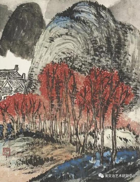 朱屺瞻《山寺》纸本设色 / 1963