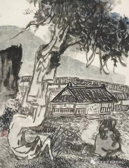 朱屺瞻《庭院》纸本设色 / 1963