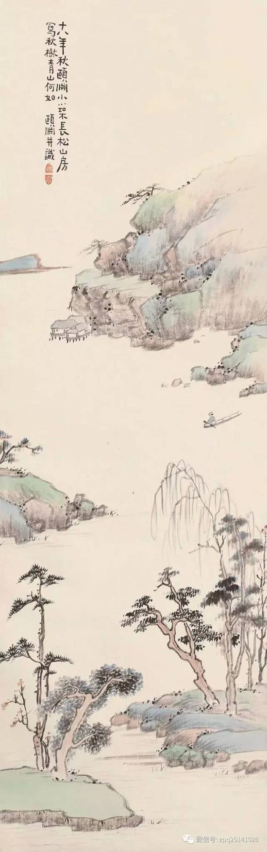 0305 经亨颐1929年作 秋树青山 立轴 设色纸本 题识:十八年秋颐渊小筑长松山房,写秋树青山何如,颐渊并识。 钤印:颐渊 尺寸:122×37.5cm RMB :8,000-12,000 经亨颐是我国近代教育家,书画家,先后担任浙江两级师范学校、浙江第一师范学校校长。北伐战争时期代理广州中山大学校长, 并曾任北京高等师范学校教育长、浙江省教育会长。文人画是未来的一个大方向,这种估值低的地位高的名头还有一些可以去挖掘,以后小编会为大家陆续推广