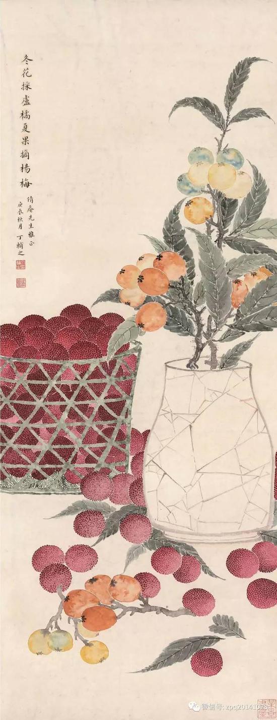 0186 丁辅之 庚辰(1940)年作 果香图 立轴 设色纸本 题识:冬花采卢橘,夏果摘杨梅。倩庵先生雅正,庚辰秋月,丁辅之。 钤印:丁辅之印、鹤庐。 收藏印:梅景书屋 钤印:静淑书画 尺寸:90×34.5cm RMB :80,000-120,000 潘静淑题签:辅之先生果香图。潘静淑写于梅景书屋。 说明:上款人:吴湖帆,字倩庵,江苏苏州人,其梅景书屋培养了众多名家,其画以雅腴灵秀享誉画坛,为海上重要名家。 丁辅之画水果说第二应该没人敢说第一吧,又是吴湖帆上款还有吴湖帆夫人潘静淑的题签,只是2013年香港拍行53万拍出后,不知道为何这次起拍价才8万起,这种行为,其实损害的拍品本身的价值,使得很多真心喜欢的藏家不敢举牌,害怕有猫腻或者有保留价!