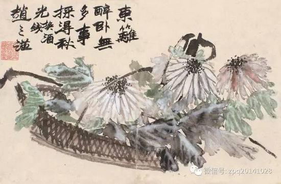 0749 赵之谦 东篱秋光 镜片 设色纸本 题识:东篱醉卧无多事,采得秋光换酒钱。赵之谦。 钤印:定光佛再世坠落娑婆世界凡夫 尺寸:20.5×31.5cm RMB :38,000-58,000 赵之谦无疑是海上画派的先驱人物他的绘画对后来的任伯年、吴昌硕、齐白石等都有一定的影响,此件作品虽小,但十分讨喜,小而精的作品这几年十分受追捧。