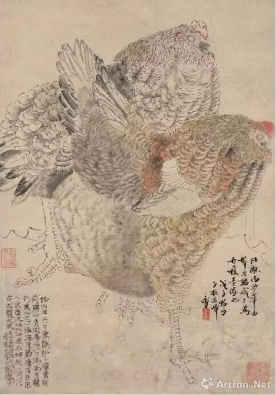 韩天衡收藏 任伯年《双钩鸡图》