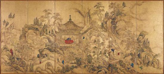 池大雅,《楼閣山水図屏風》。图片来源,东京国立博物馆官网,典藏号A-10430