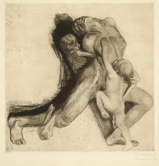 珂勒惠支,《死亡与女人》(1910)蚀版画。 图片: ©The Trustees of the British Museum, courtesy Ikon Gallery