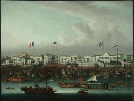 The “Hongs” on the Pearl River, Canton, China, Sunqua, c。 1840, Oil On Canvas