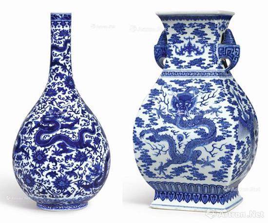 清乾隆青花穿莲龙纹长颈胆瓶 成交价:4903.75万港元 ;清乾隆青花龙凤云蝠纹鸠耳方壶 成交价:4453.75万港元