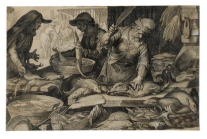 Joachim Anthonisz Wtewael,《鱼市》(A Fish Market)。图片:Courtesy Sotheby‘s