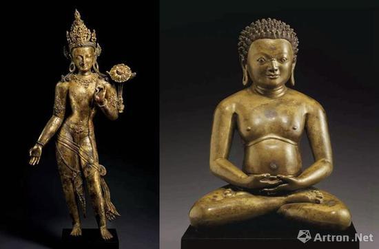 尼泊尔十三世纪鎏金铜观音立像; 西藏十一/十二世纪铜瑜伽士坐像