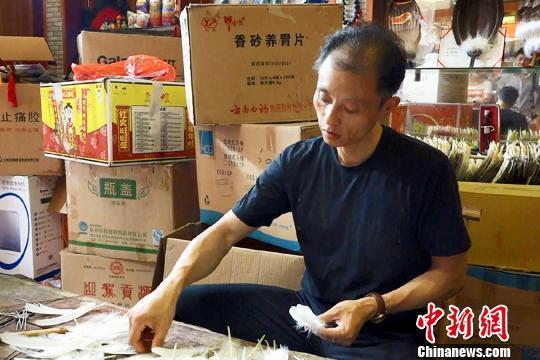 三河羽扇非遗技艺传承人丁政权在制作羽扇。 钟欣 摄