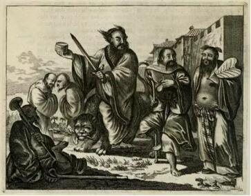 张道陵,李铁拐,钟离权等图像的版画模本,在于Olfert Dapper,Gedenkwaeardig Bedrijf, 1670年
