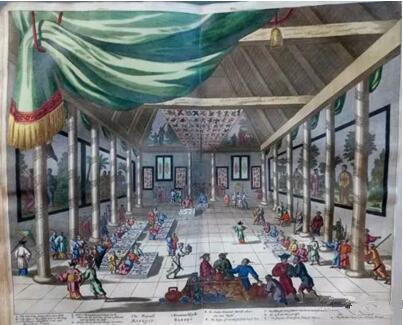 《荷兰人在北京宴席图》 1662年,彩色版画,Olfert Dapper,GedenkwaerdigBedrijf, 1670年