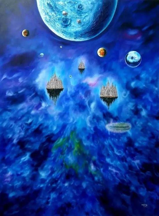 《三界-王者的天空》系列38,油画综合材料,200cm×160cm,2016年9月创作