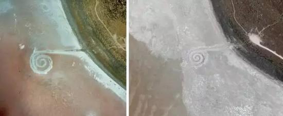 左:Spiral Jetty在2005年时的俯瞰图。图片:© Holt-Smithson Foundation/Licensed by VAGA, New York。 © Aero-graphics, Salt Lake City。右:2017年的俯瞰图