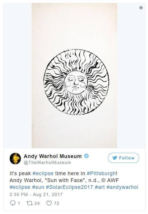 “匹兹堡的日食时间到了!安迪·沃霍尔,《Sun with Face》,n.d。”。图片:Andy Warhol Museum的Instagram