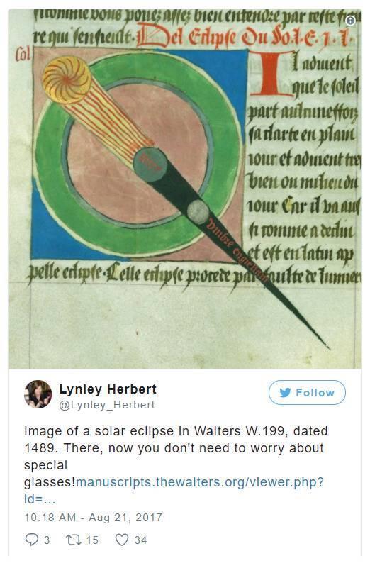 “看,这是1489年在Walters W.199日全食的照片。看这张照片的时候,你不用带特殊的眼镜噢!”。图片:Lynley Herbert的Instagram