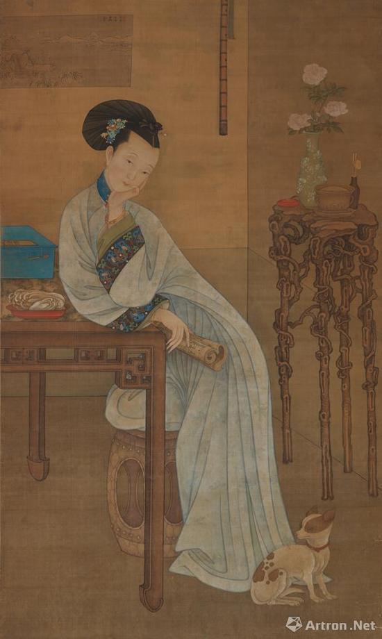 《春闺卷读图》 清 冷枚 绢本设色 175cm×105cm 天津博物馆藏