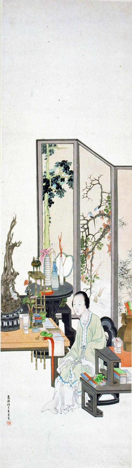 《闺中礼佛图》 清 任薰 纸本设色 114.2cmx32.5cm 南京博物院