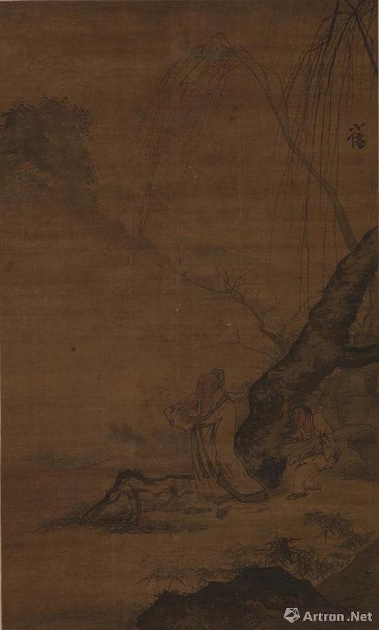 《柳岸闲步图》 明 吴伟 绢本设色 169cm×101cm 天津博物馆藏