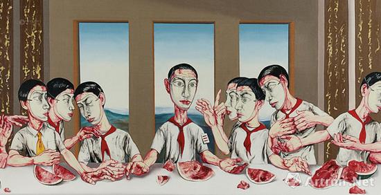 2013年香港苏富比40周年春拍中,尤伦斯旧藏的曾梵志《最后的晚餐》以1.8044亿港元成交,刷新了其个人和中国在世当代艺术家最高拍卖纪录。