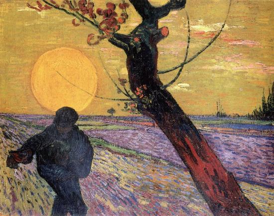 梵高《夕阳· 梅树· 播种》,1888年11 月作。这幅画中的梅树、夕阳显然来自“浮世绘”。