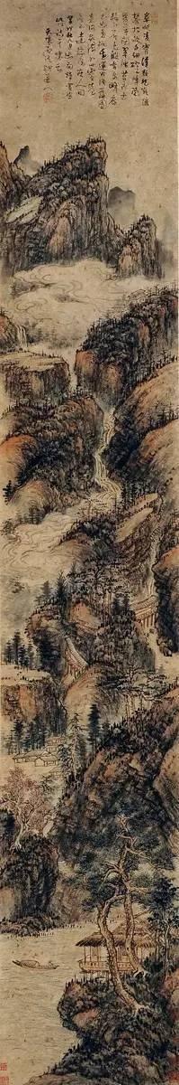 清·石溪《崒屼凌霄图》,纸本设色,230x38厘米,岭南微珍园藏